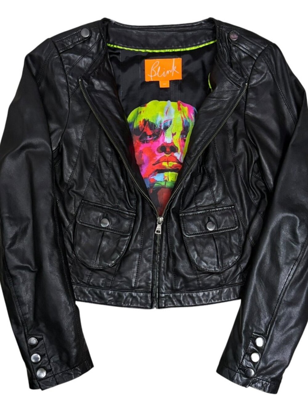 BLINK LEATHER Jacket Cropped Bomber Luxury Designer Black Coat Womens Medium